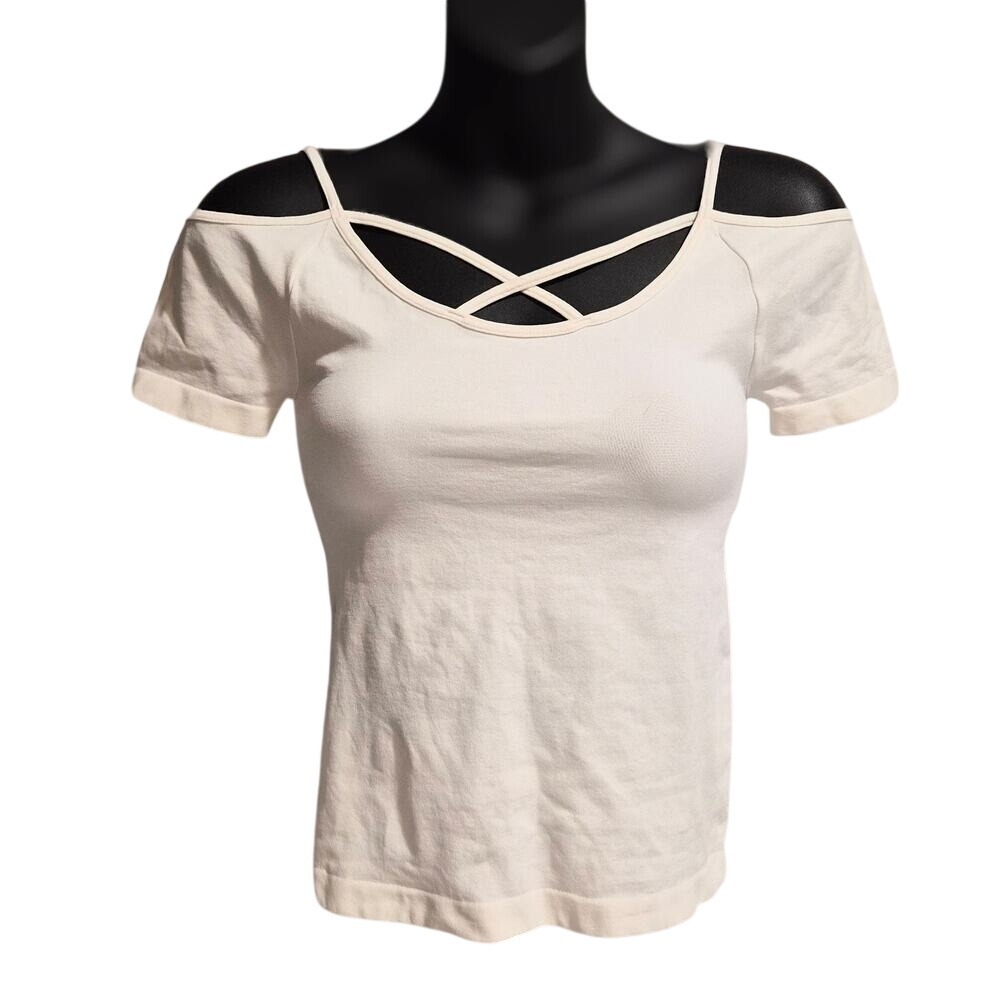 Skylee Collection Cream Cold Shoulder Criss Cross Strappy Top OS
